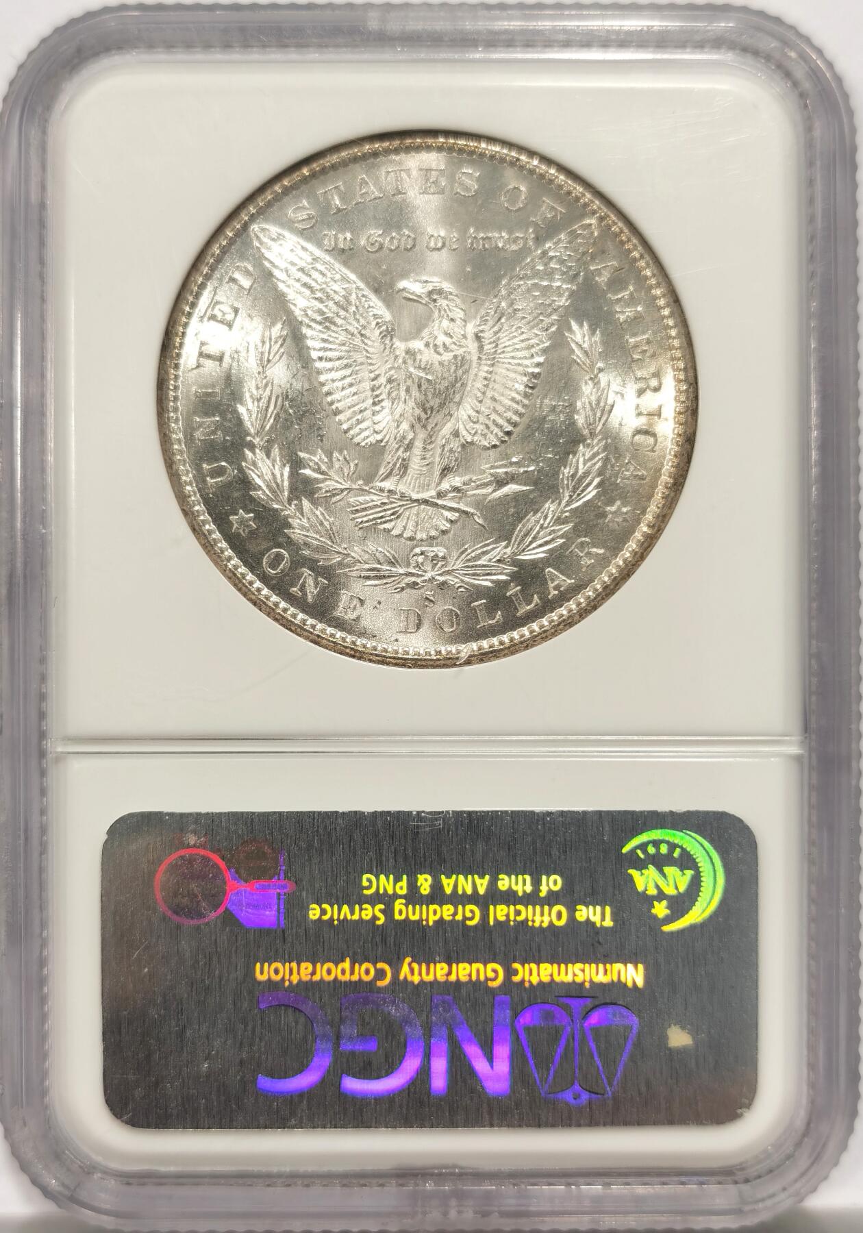 博洋堂世界钱币拍卖第144期（全场包邮） NGC MS63 美国1880年摩根银币S厂 NGC老盒，底板PL效果显著，女神面好看的香槟金环彩，中间紫红满彩
