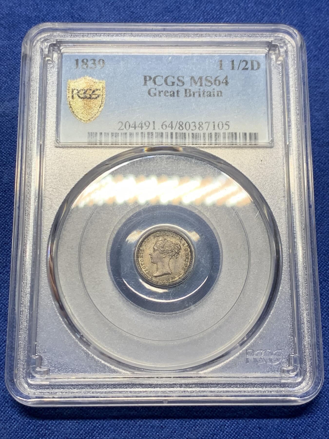《竞宝斋》第433场 周日，周一 2场连拍 （全场包邮） PCGS MS64 英国1839年小维1.5便士 高分罕见
