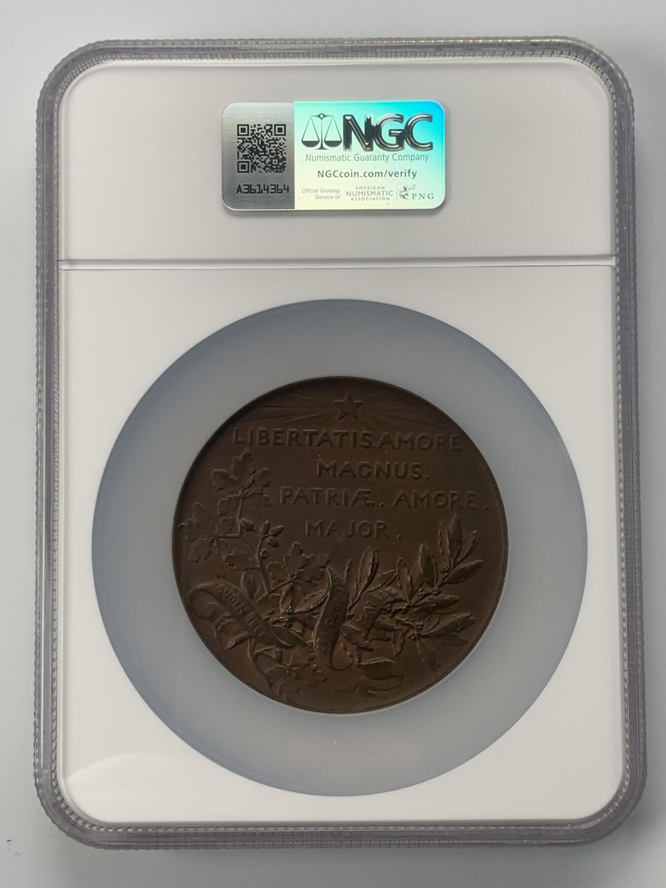 掌中浮雕-藏着的欧洲第039场 NGC MS64 : 1882年法国政治家莱昂·甘必大（Léon Gambetta）逝世纪念铜章，69mm，章牌艺术大师奥斯卡·罗蒂作品