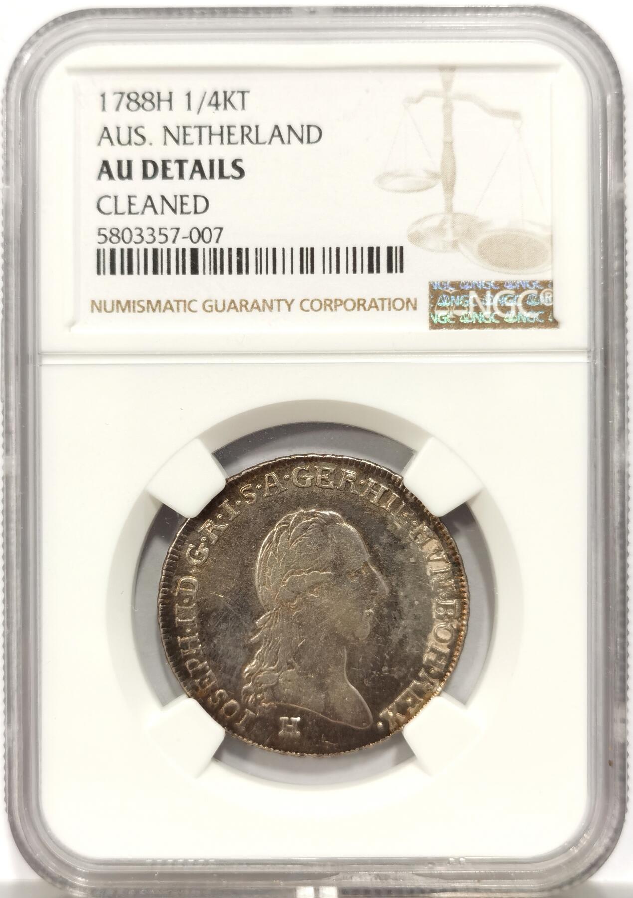博洋堂世界钱币拍卖第144期（全场包邮） NGC AU 奥属荷兰1788年1/4KT H版 少见品种，克劳斯无指导价，只给了rare。币有老洗，品相状态都不错，两面均养出了淡彩