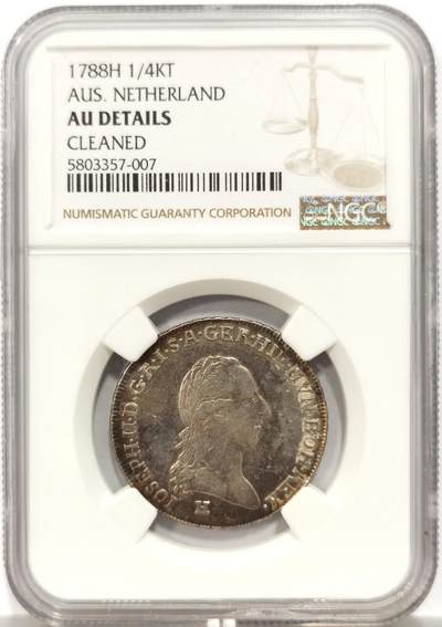 博洋堂世界钱币拍卖第144期（全场包邮） - NGC AU 奥属荷兰1788年1/4KT H版 少见品种，克劳斯无指导价，只给了rare。币有老洗，品相状态都不错，两面均养出了淡彩
