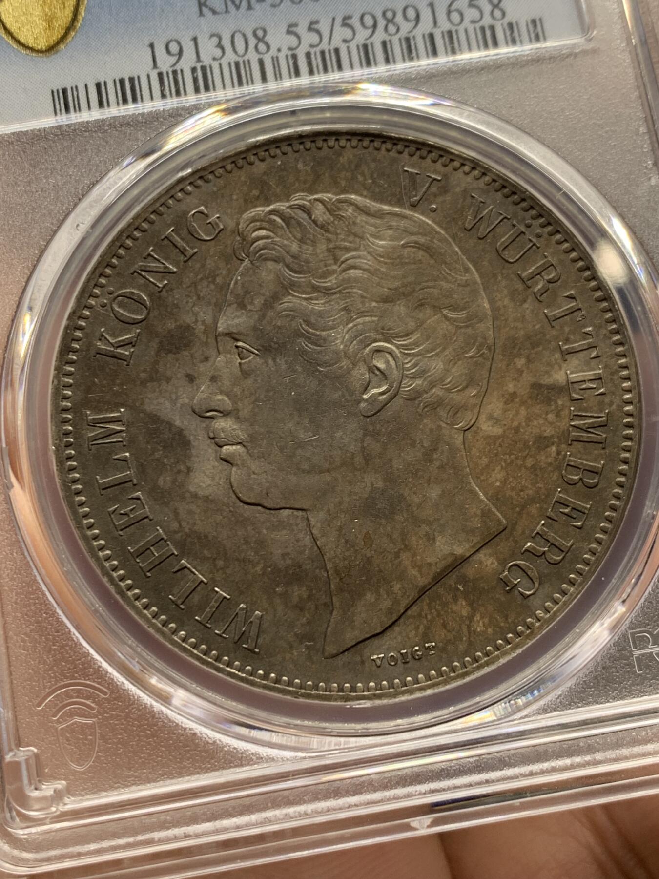 《竞宝斋》第433场 周日，周一 2场连拍 （全场包邮） PCGS AU55 德国符腾堡1855金婚2泰勒银币 状态非常好 包浆有点浓郁了