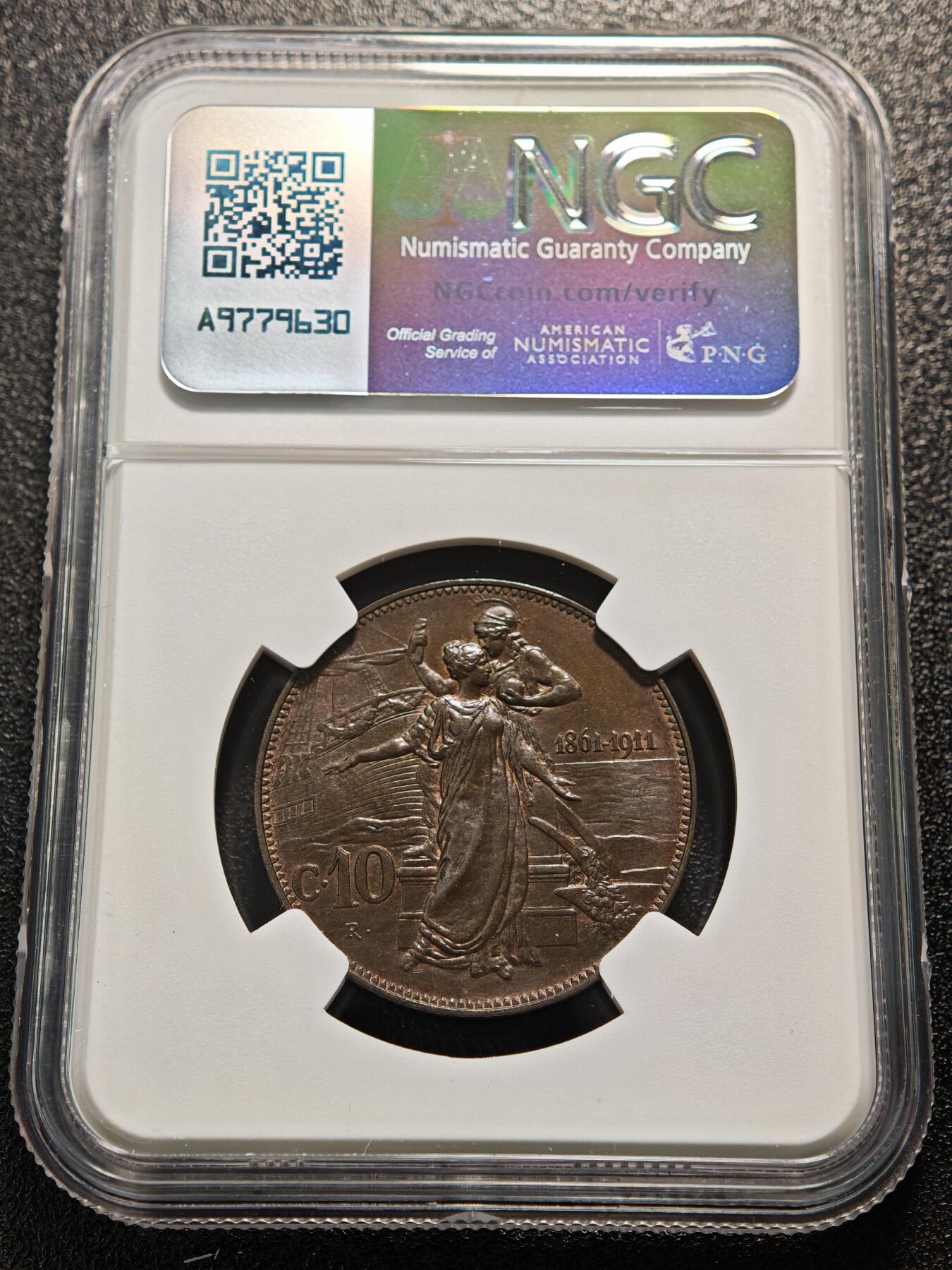 【德藏】世界币章拍卖第151期（拍品征集中~欢迎藏友联系） 1911年 意大利伊曼纽尔三世建国50周年10分纪念铜币(俗称托奶）NGC MS63BN 状态极佳 