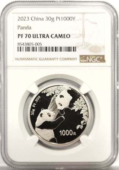 博洋堂世界钱币拍卖第144期（全场包邮） - NGC PF70UC 2023年熊猫铂金币面值1000元！纯金熊猫面值是500元哦。铂金最近2个月涨幅60%，首饰金已经报600一克了。70分满分稀少！不是69分料价币！除了这几年铂金一直都是比黄金更贵的金属！毕竟比重超越黄金，物理性质更重的金属！持续补涨品种！
