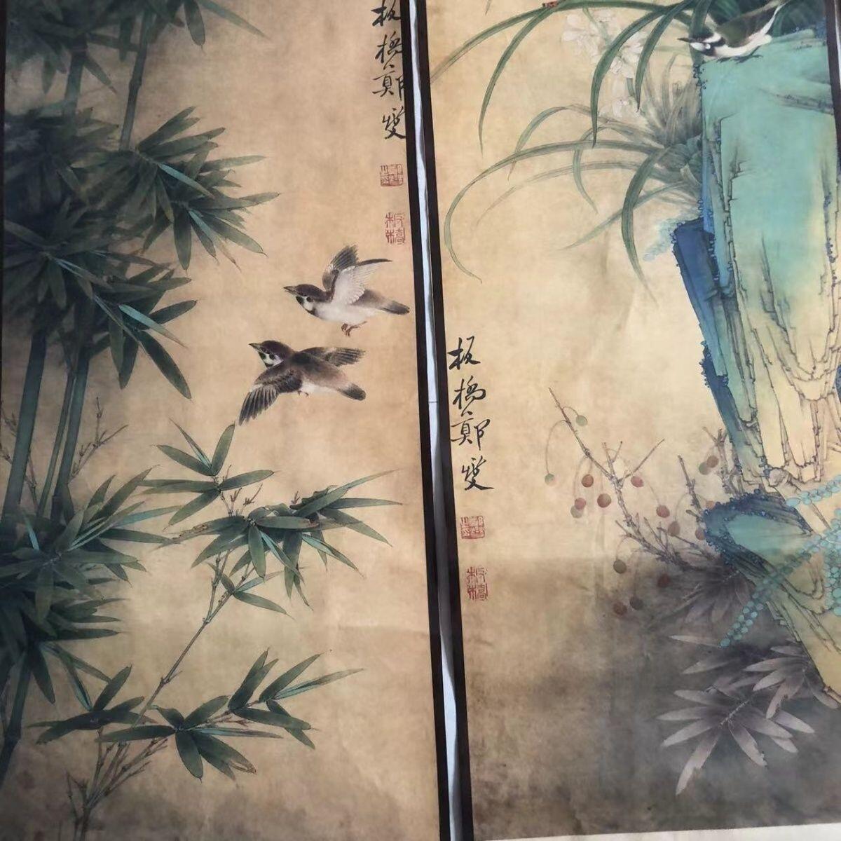 听雨轩（10） 名家名画中堂挂画（一） 郑板桥 梅兰竹菊花鸟画四条屏（仿古装饰画）