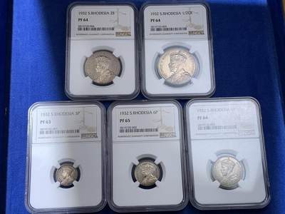 《竞宝斋》第433场 周日，周一 2场连拍 （全场包邮） - NGC PF63-65 南罗德西亚 1932年 乔五 精制银币一组 一枚难寻 发行量496套 最新裸币成交1.6W