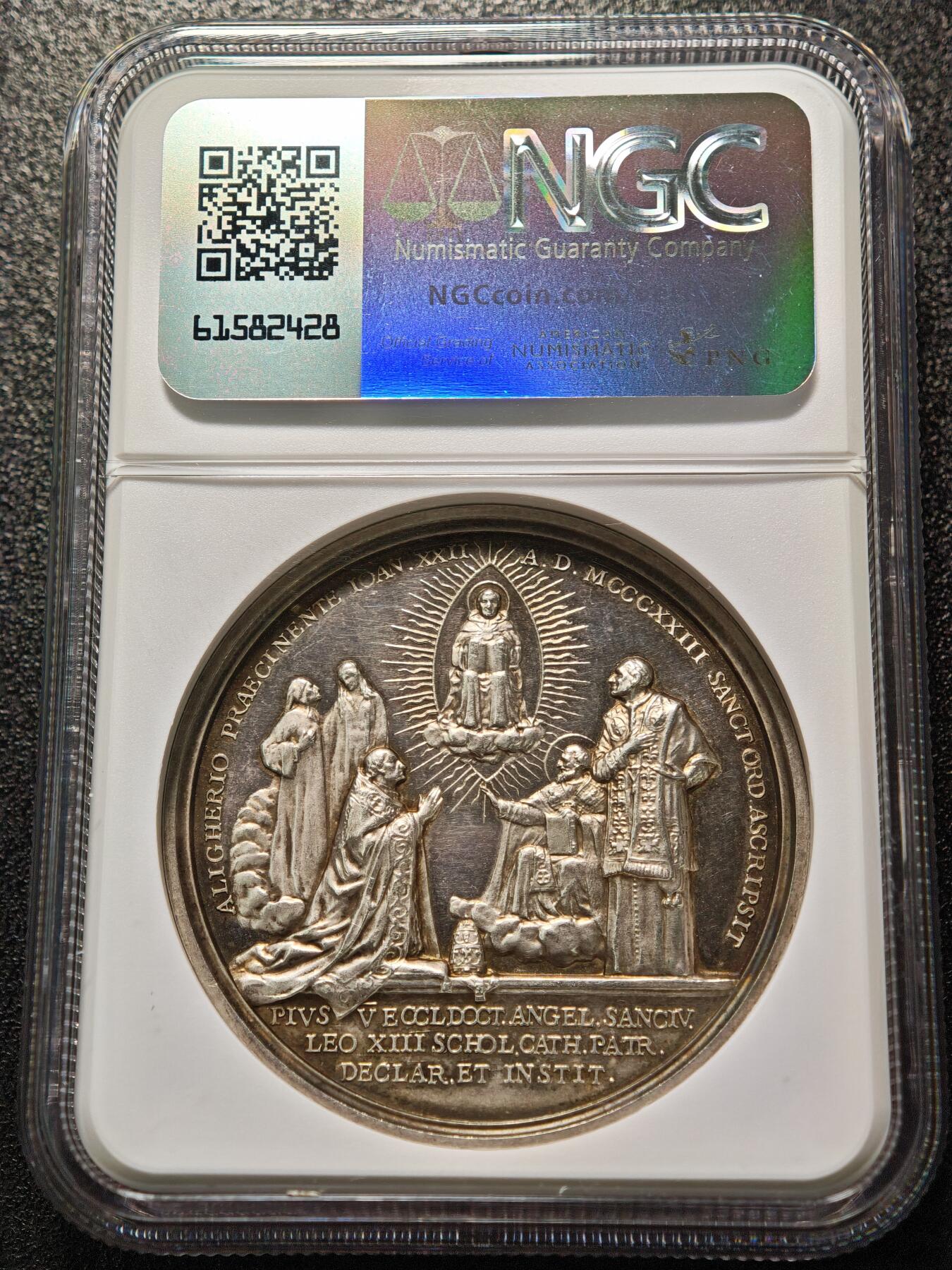【德藏】世界币章拍卖第151期（拍品征集中~欢迎藏友联系） 1923年 梵蒂冈庇护十一世圣托马斯·阿奎那封圣高浮雕纪念银章 NGC UNC 人物刻画极其细致
