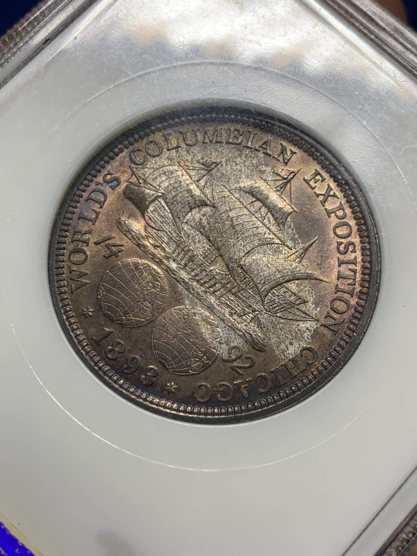 《竞宝斋》第433场 周日，周一 2场连拍 （全场包邮） NGC MS64 美国1893年哥伦布发现新大陆50分纪念银币 美币经典品种 两面玫瑰红彩 背面彩形成趣味币：帆船在暴风雨中乘风破浪