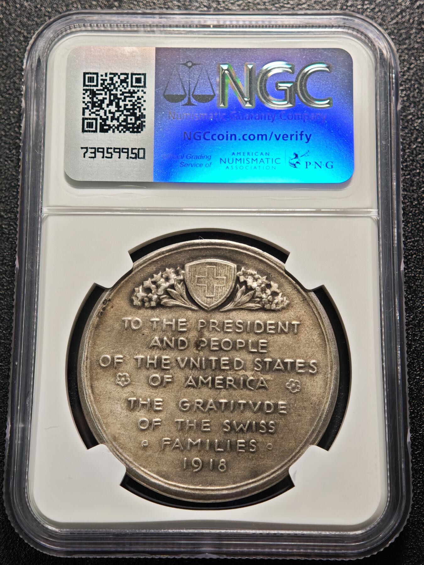 【德藏】世界币章拍卖第151期（拍品征集中~欢迎藏友联系） 1918年 瑞士感谢美国一战期间粮食捐赠纪念银章 NGC MS63 主题突出 磨砂质感 包浆古朴