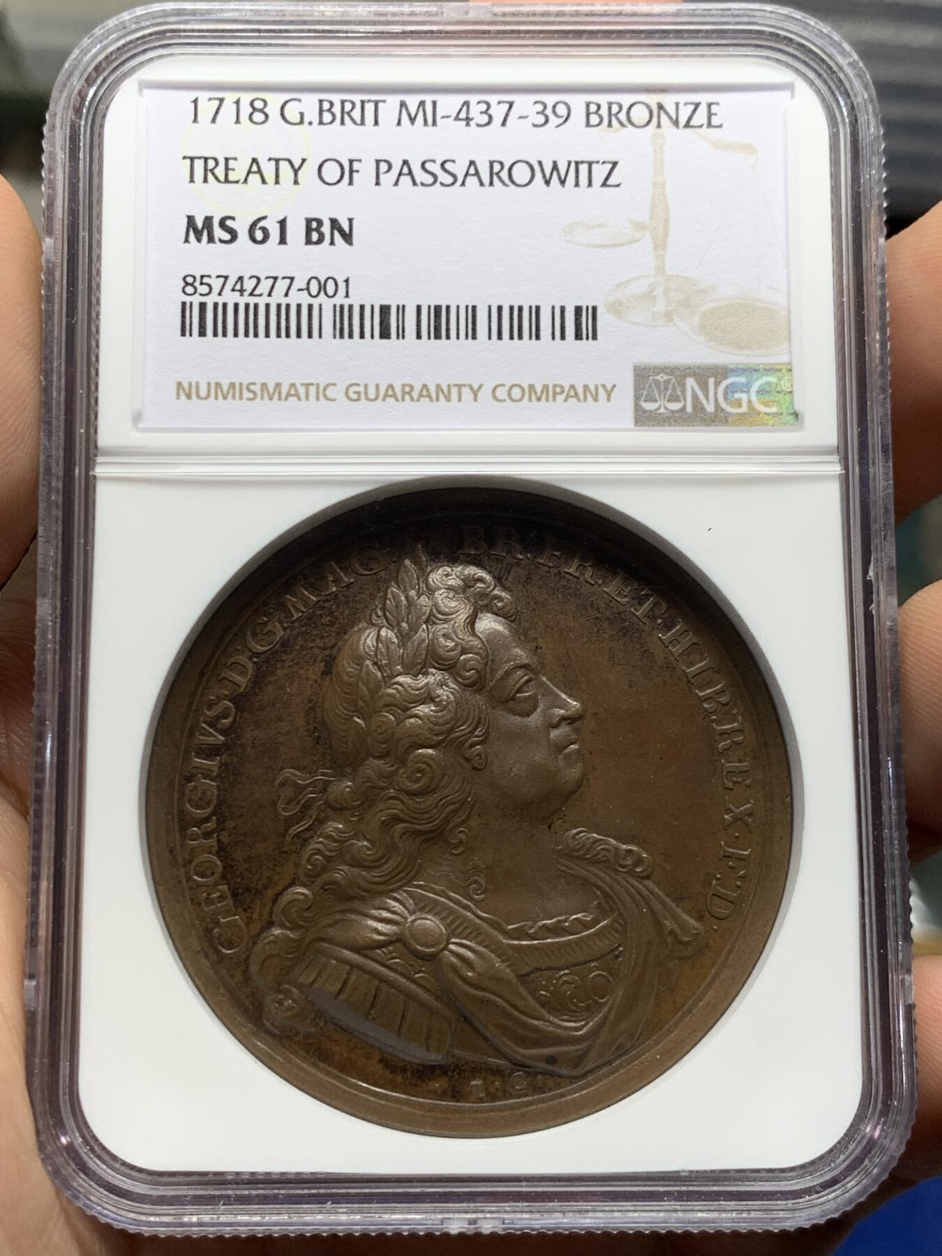 《竞宝斋》第433场 周日，周一 2场连拍 （全场包邮） NGC MS61BN 英国1718年乔治一世帕萨罗维茨条约纪念铜章 加厚盒