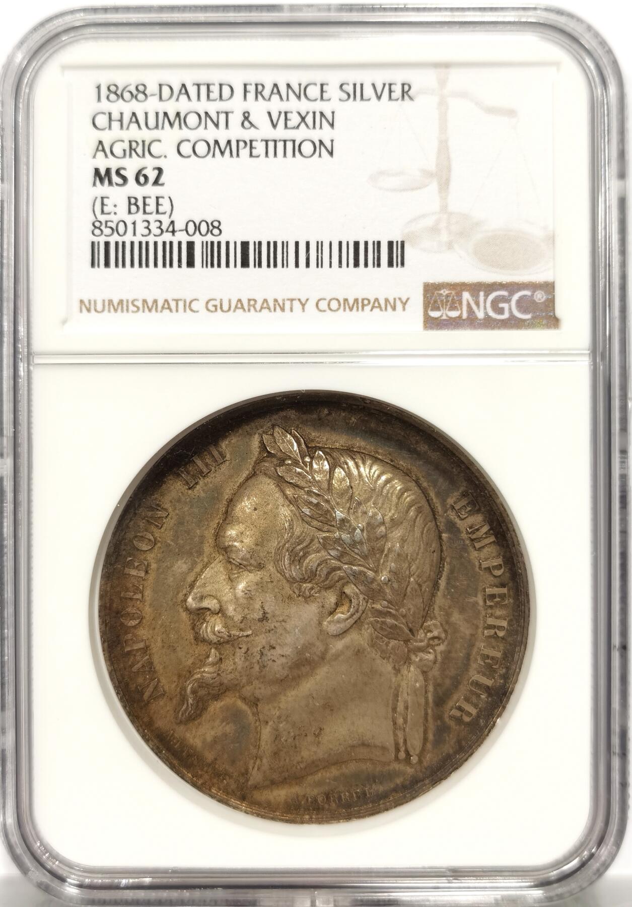 博洋堂世界钱币拍卖第144期（全场包邮） NGC MS62 法国1868年拿三原铸款农业竞赛金奖大银章！蜜蜂边铭原铸款少见！不是后铸后发的！