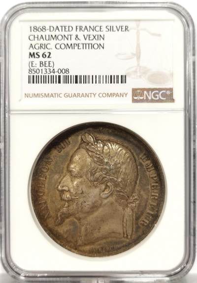 博洋堂世界钱币拍卖第144期（全场包邮） - NGC MS62 法国1868年拿三原铸款农业竞赛金奖大银章！蜜蜂边铭原铸款少见！不是后铸后发的！