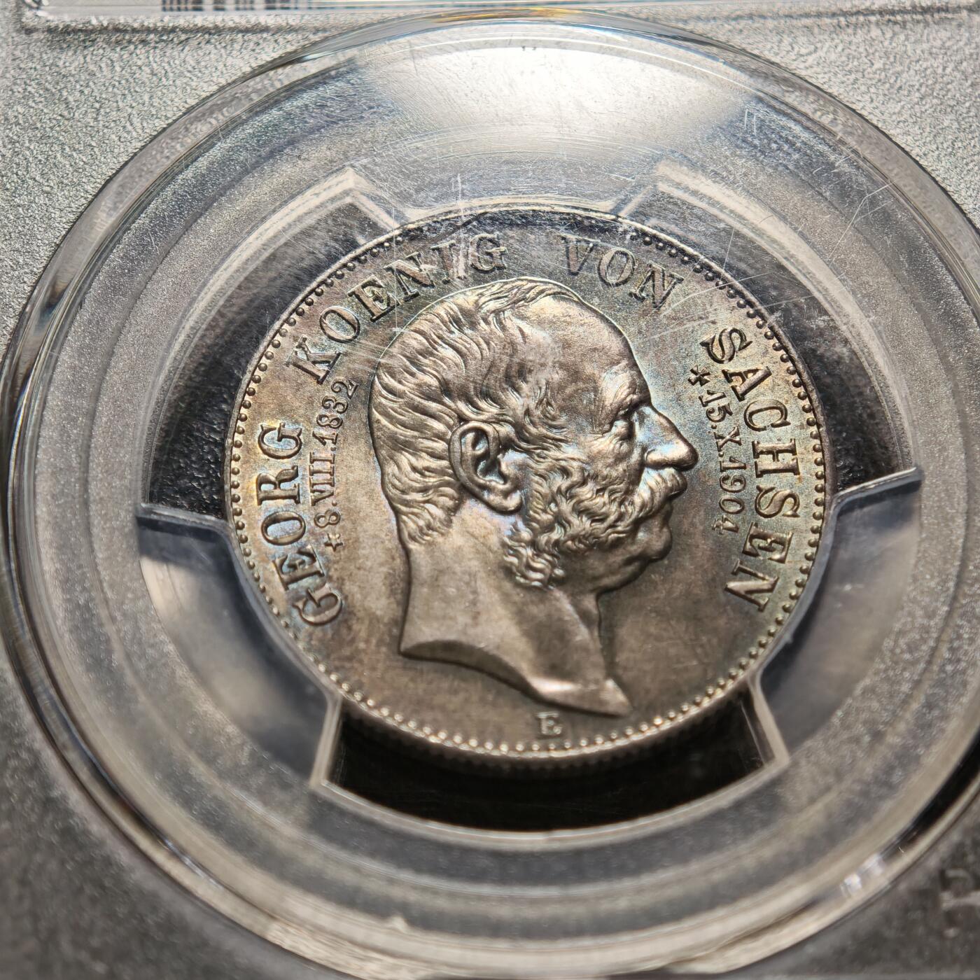 【德藏】世界币章拍卖第151期（拍品征集中~欢迎藏友联系） 1904年 德国萨克森2马克银币 PCGS MS67 老五彩包浆 深邃迷人 难得高分使之更具收藏意义