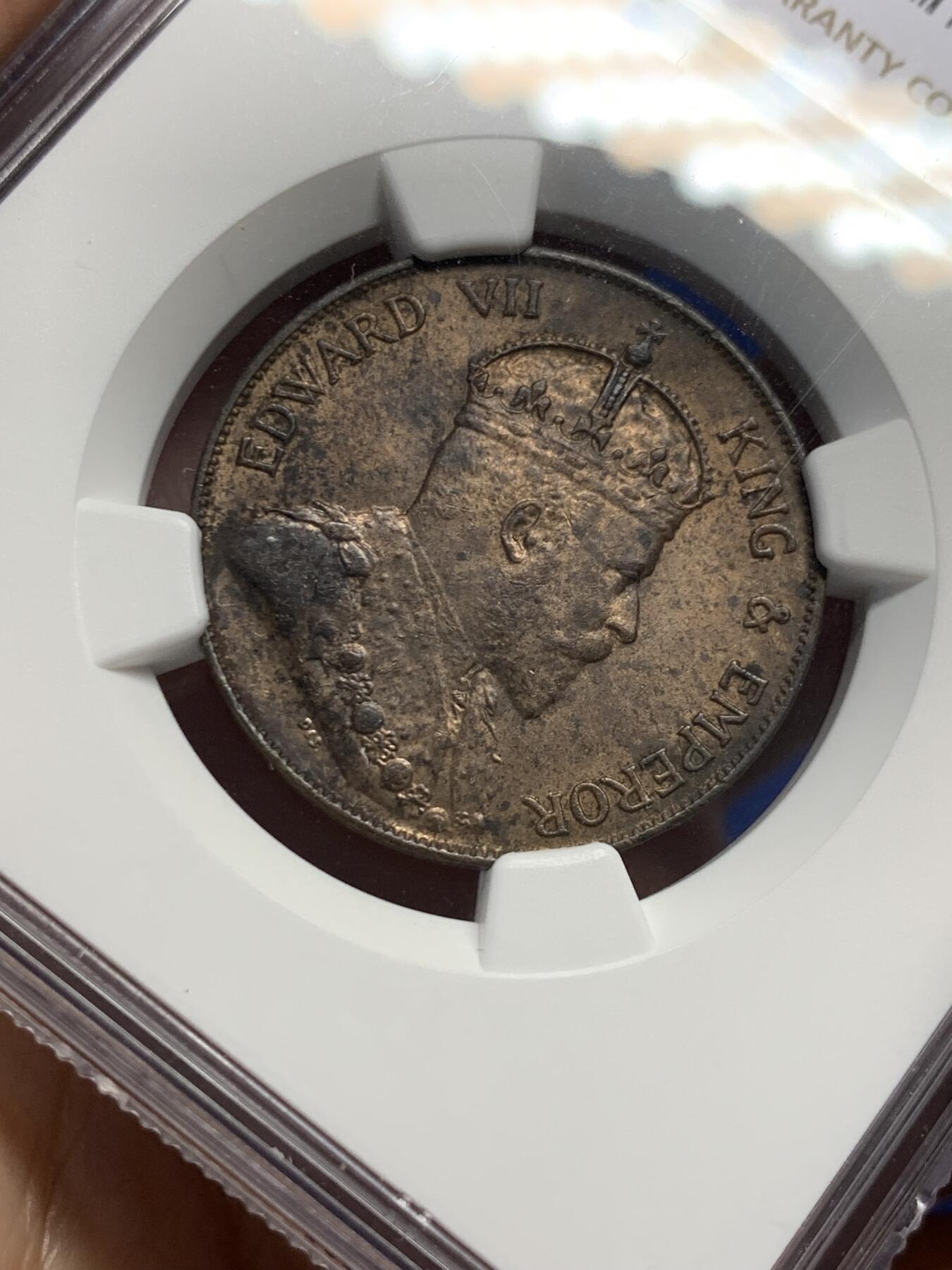 《竞宝斋》第433场 周日，周一 2场连拍 （全场包邮） NGC UNC 香港 1904H年 一仙 爱德华 铜币 原味包浆 人像清晰