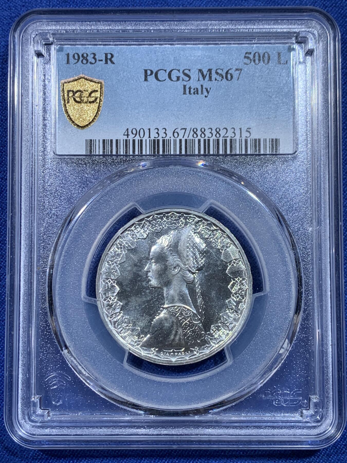 《竞宝斋》第433场 周日，周一 2场连拍 （全场包邮） PCGS MS67 意大利 1983年 人妻帆船500里拉 普制银币 PCGS亚军分，发行量不到77000枚，普制高分难得少见