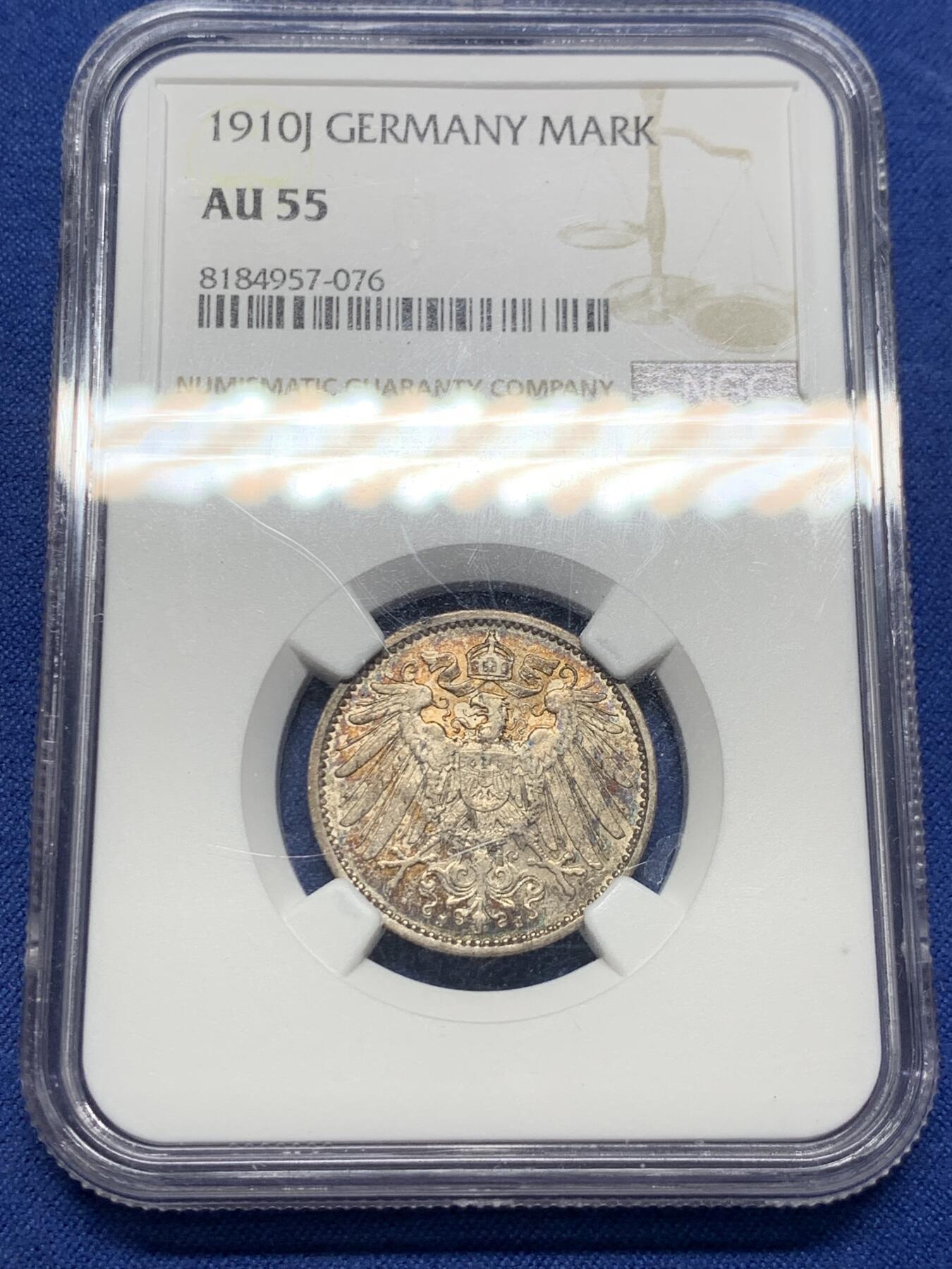 《竞宝斋》第433场 周日，周一 2场连拍 （全场包邮） NGC AU55 德国 1910年J厂 1马克银币 深彩包浆