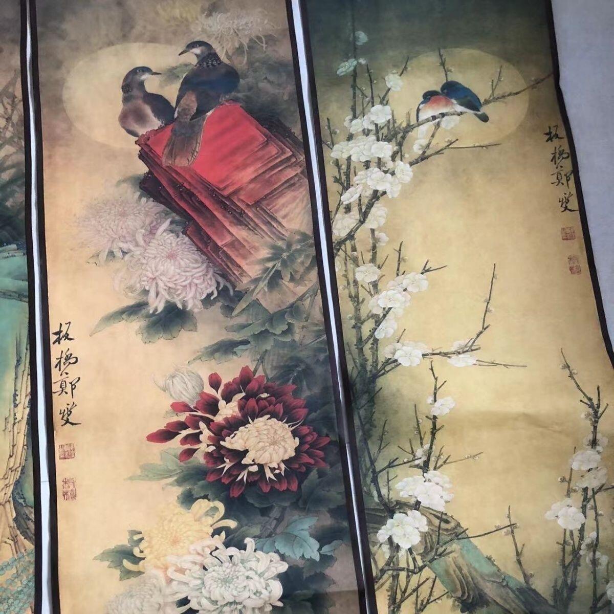 听雨轩（10） 名家名画中堂挂画（一） 郑板桥 梅兰竹菊花鸟画四条屏（仿古装饰画）