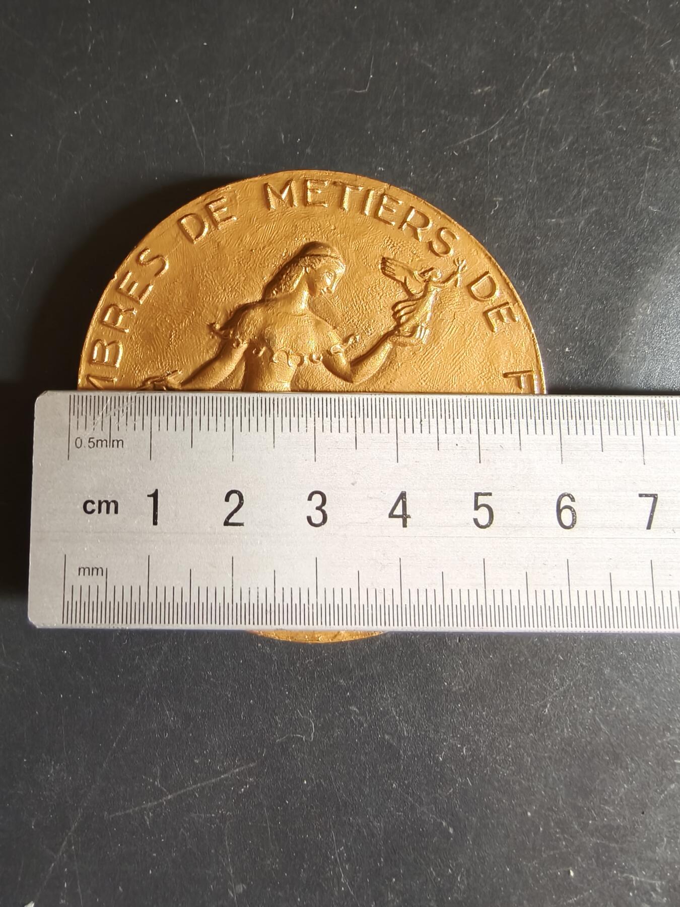 老王徽章第159期  法国手工业商会镀金大铜章     直径58mm.   重量110g