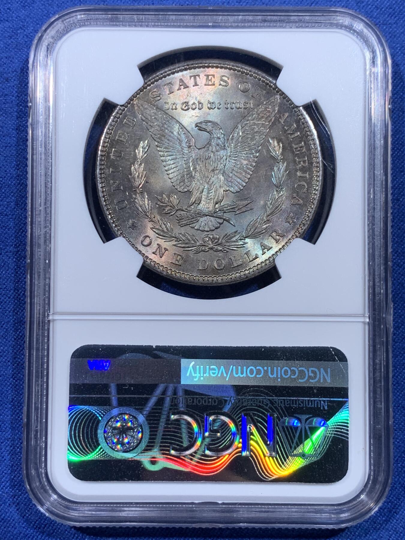 《竞宝斋》第433场 周日，周一 2场连拍 （全场包邮） NGC MS64 美国1896年摩根银币 女神面蓝紫满彩+蓝环彩 背面绿紫满彩 两面底光充沛 收藏级满彩摩根