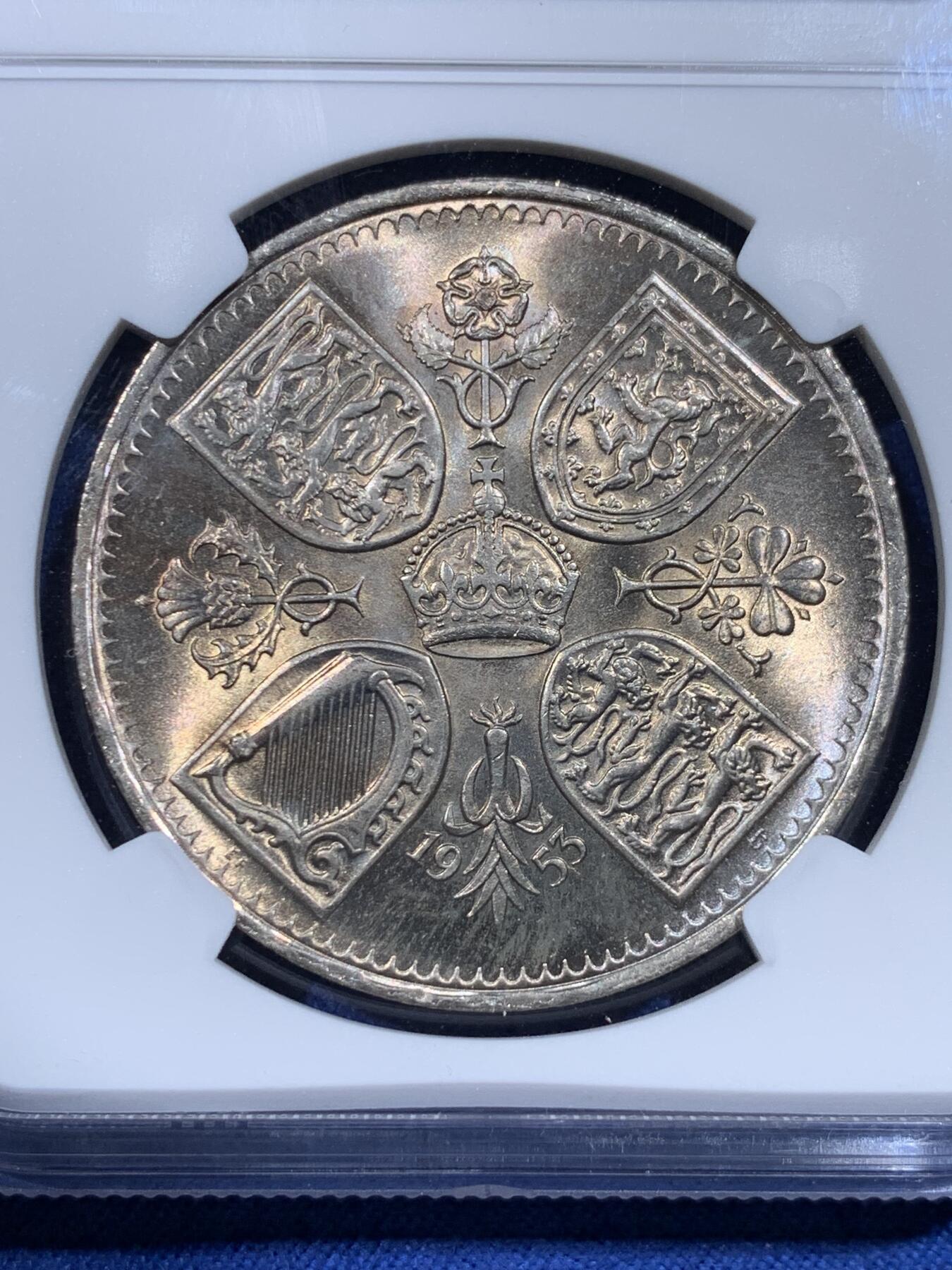 《竞宝斋》第433场 周日，周一 2场连拍 （全场包邮） NGC MS65 英国1953年伊丽莎白二世登基克朗型纪念币