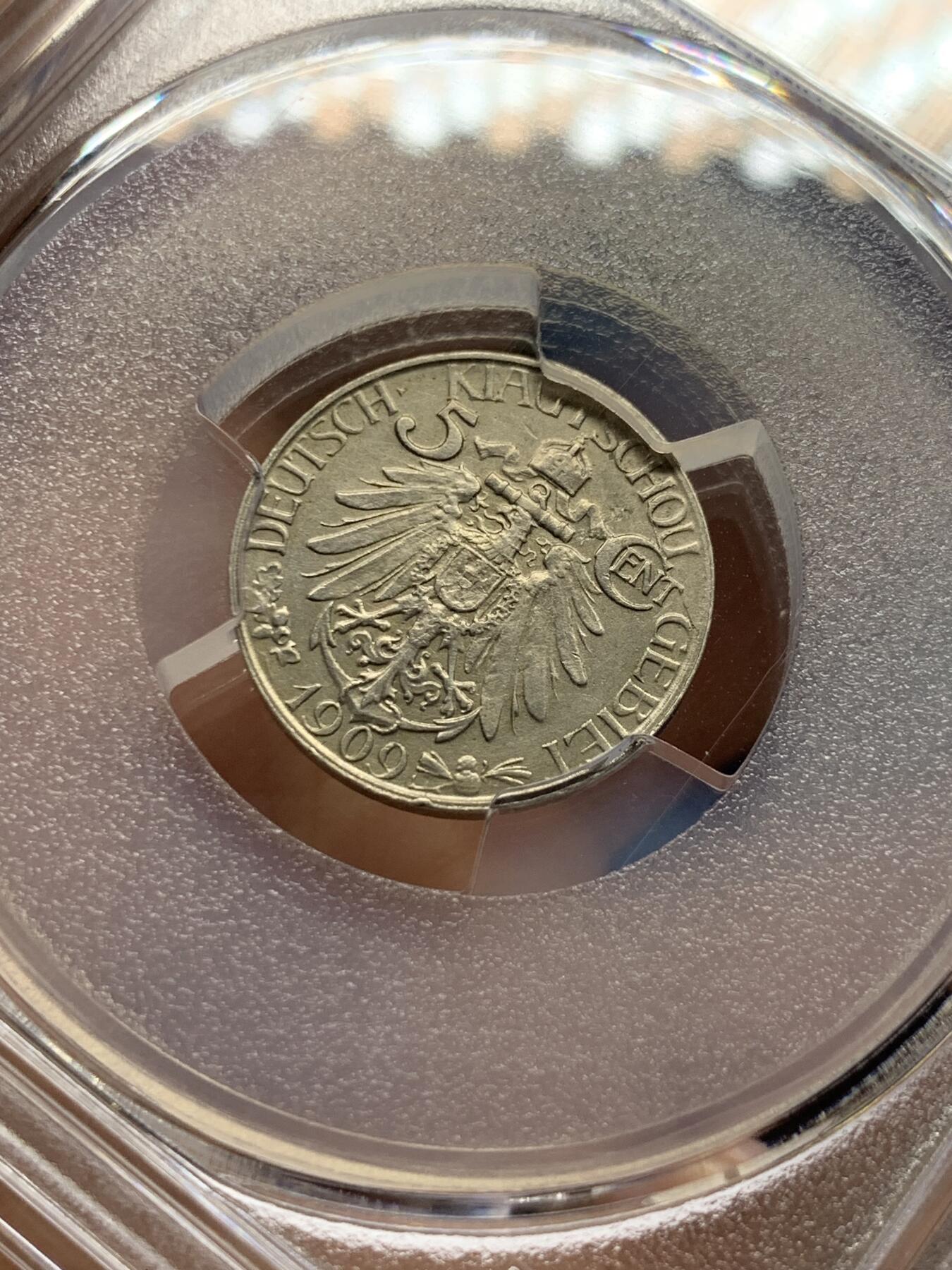 《竞宝斋》第433场 周日，周一 2场连拍 （全场包邮） PCGS AU 1909年青岛大德国宝5分 镍币之王