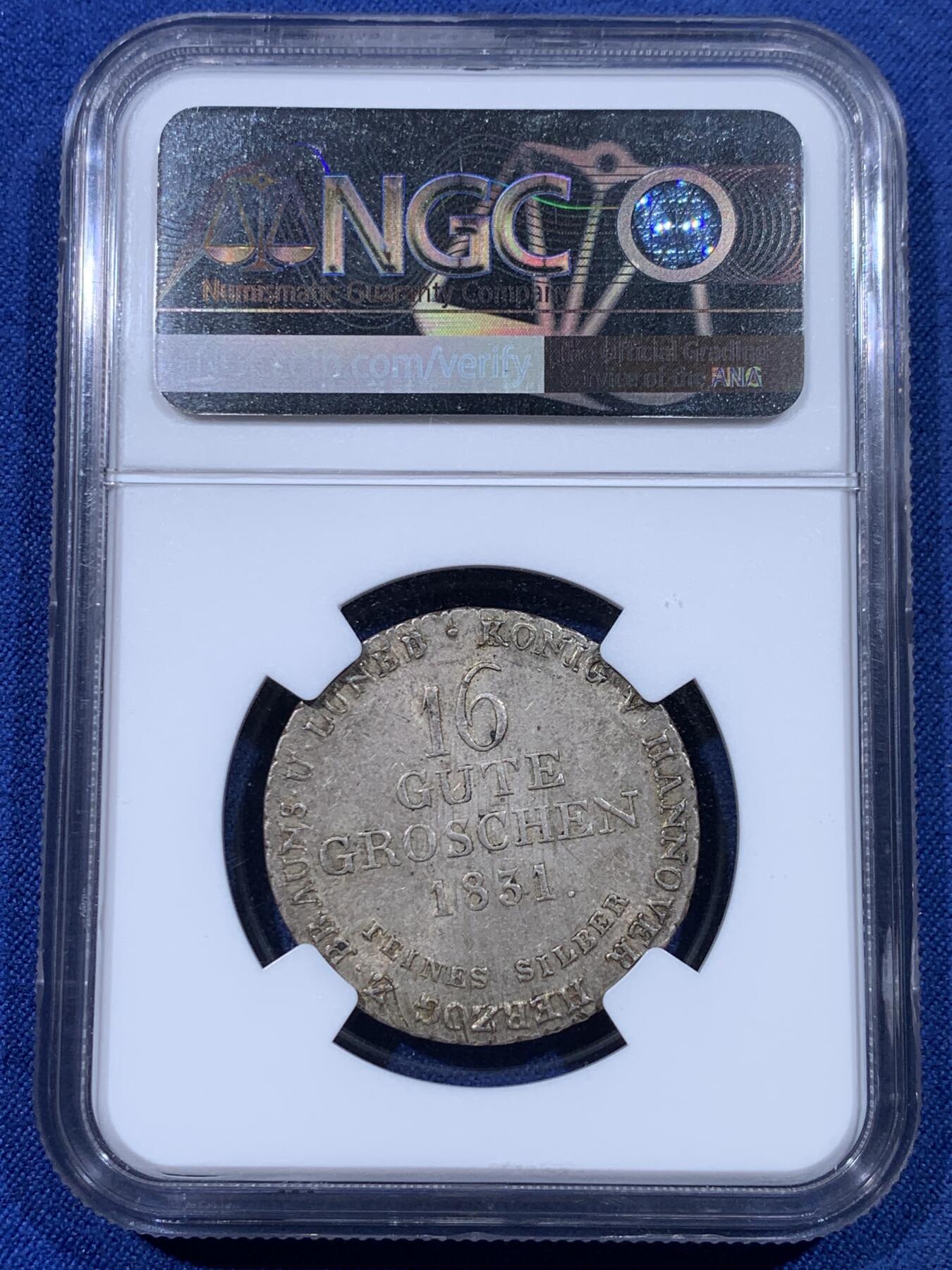 《竞宝斋》第433场 周日，周一 2场连拍 （全场包邮） NGC MS63 德国1831年汉诺威飞马16格罗申银币，稀见状态，银底蕴含着光彩，63分值得收藏。盒子侧面小磕