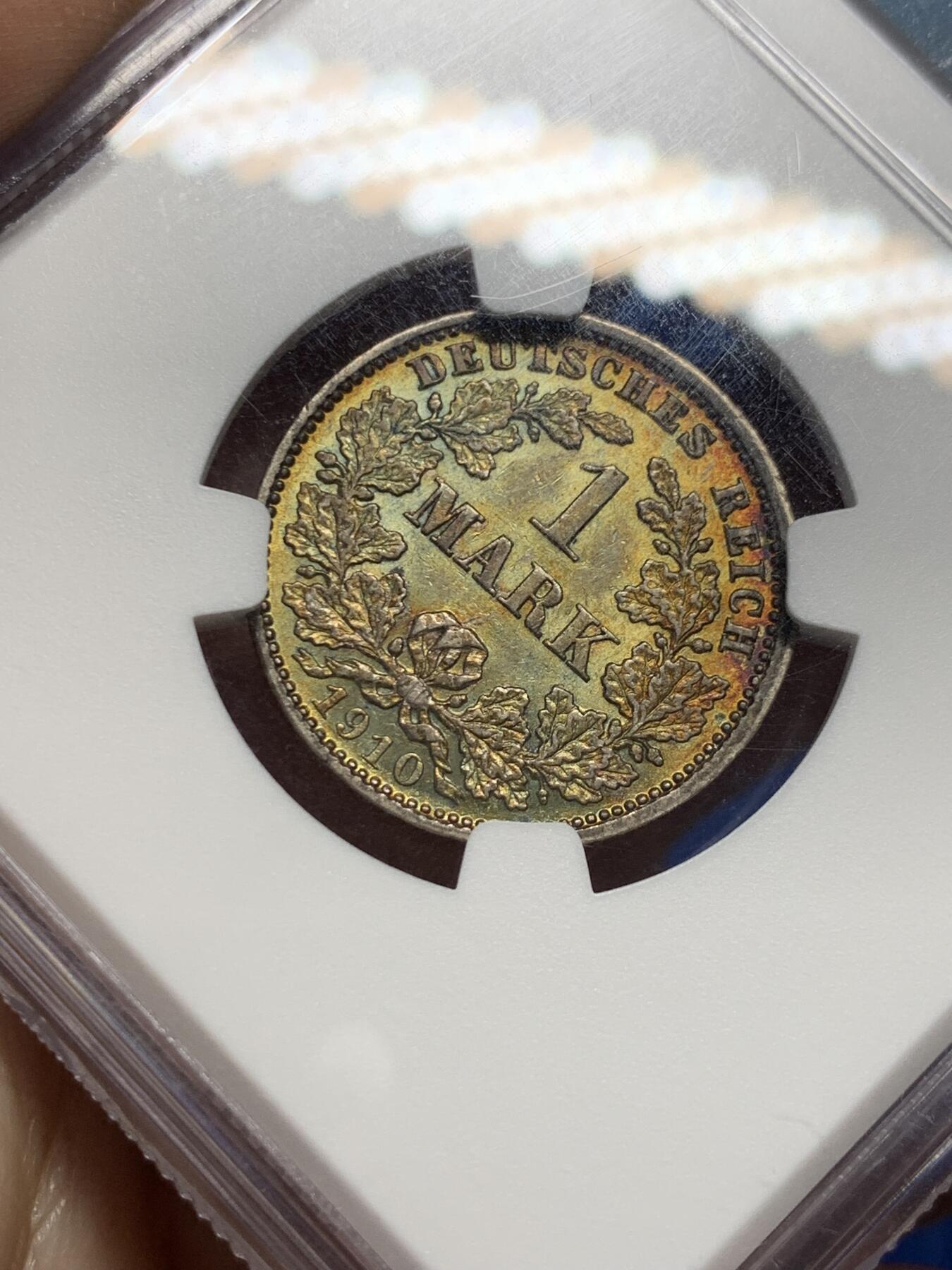 《竞宝斋》第433场 周日，周一 2场连拍 （全场包邮） NGC AU55 德国 1910年J厂 1马克银币 深彩包浆