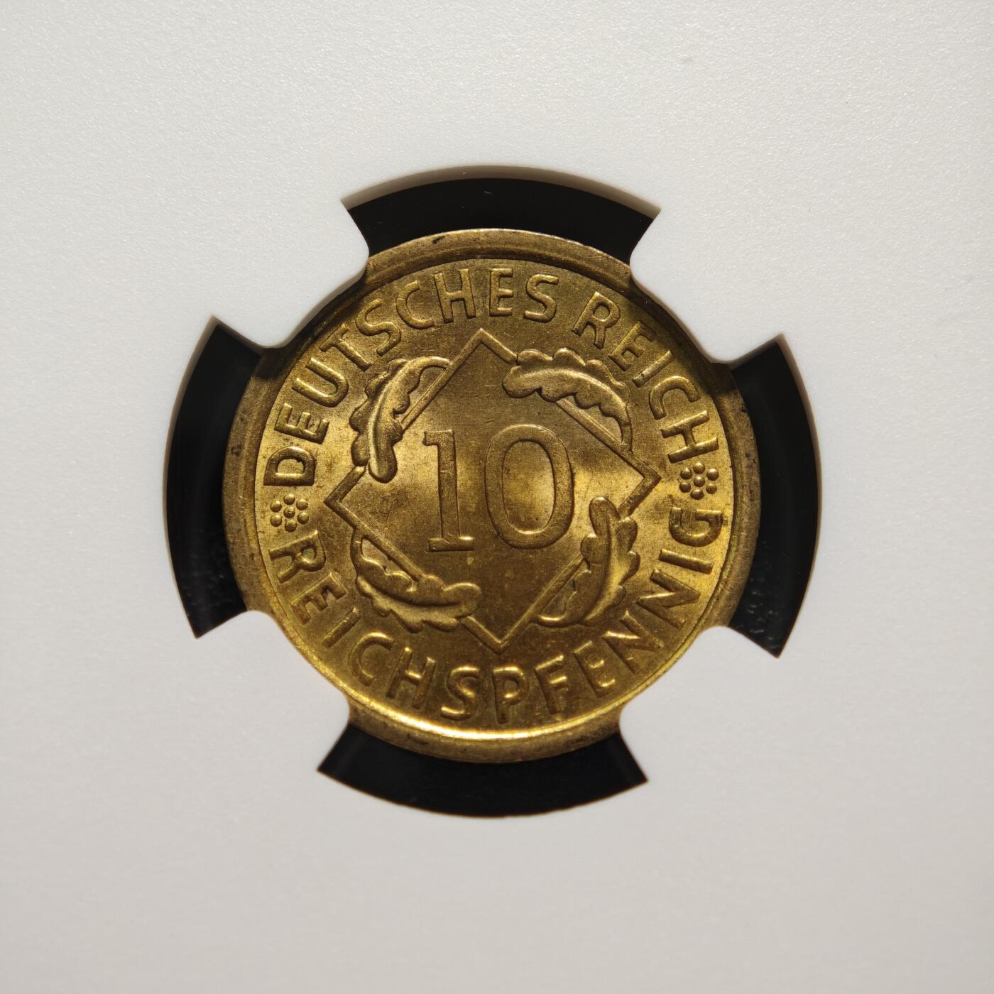 【德藏】世界币章拍卖第151期（拍品征集中~欢迎藏友联系） 1936年 德国10芬尼铜币 NGC MS65 转原光十足