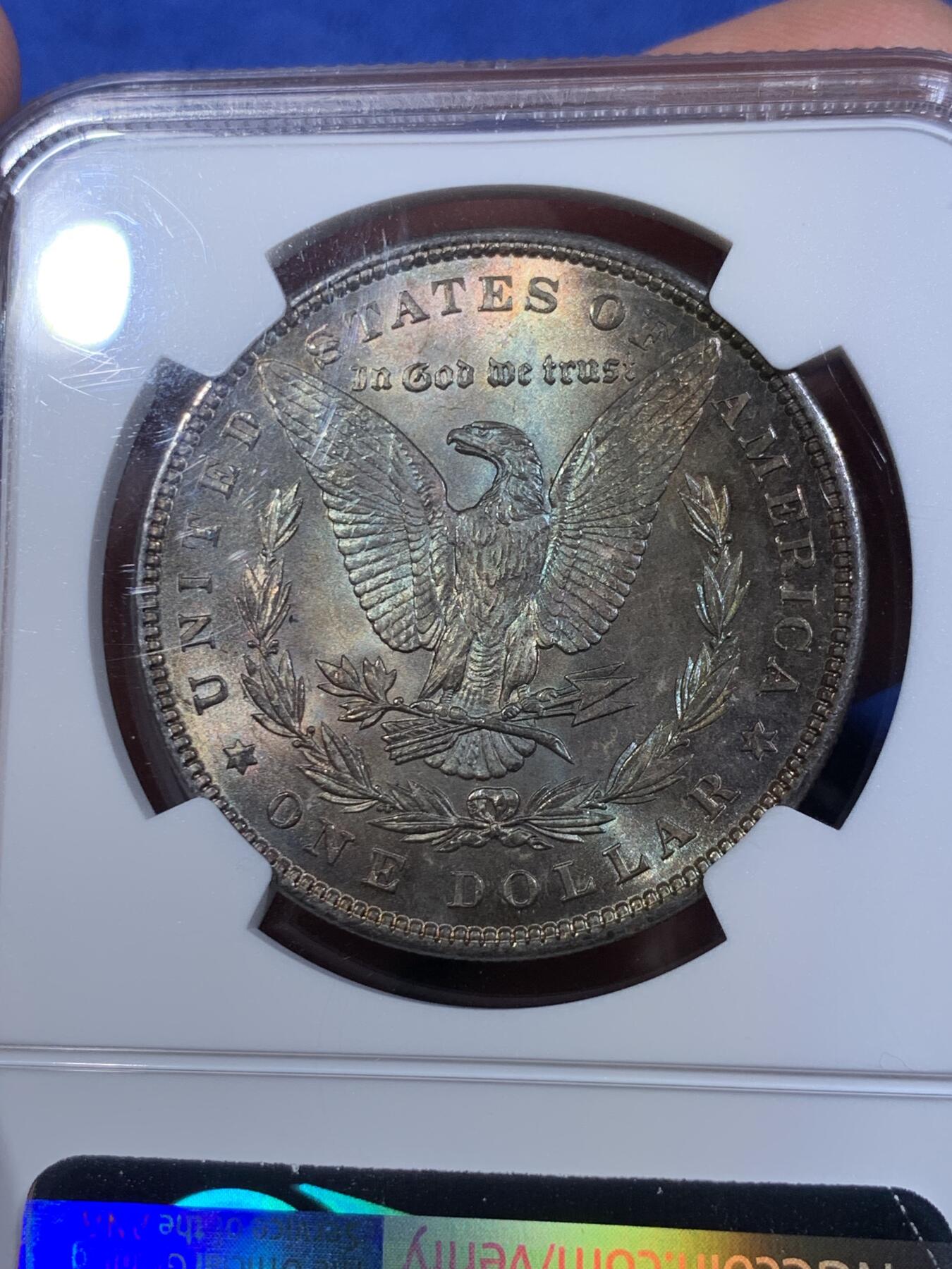 《竞宝斋》第433场 周日，周一 2场连拍 （全场包邮） NGC MS64 美国1896年摩根银币 女神面蓝紫满彩+蓝环彩 背面绿紫满彩 两面底光充沛 收藏级满彩摩根