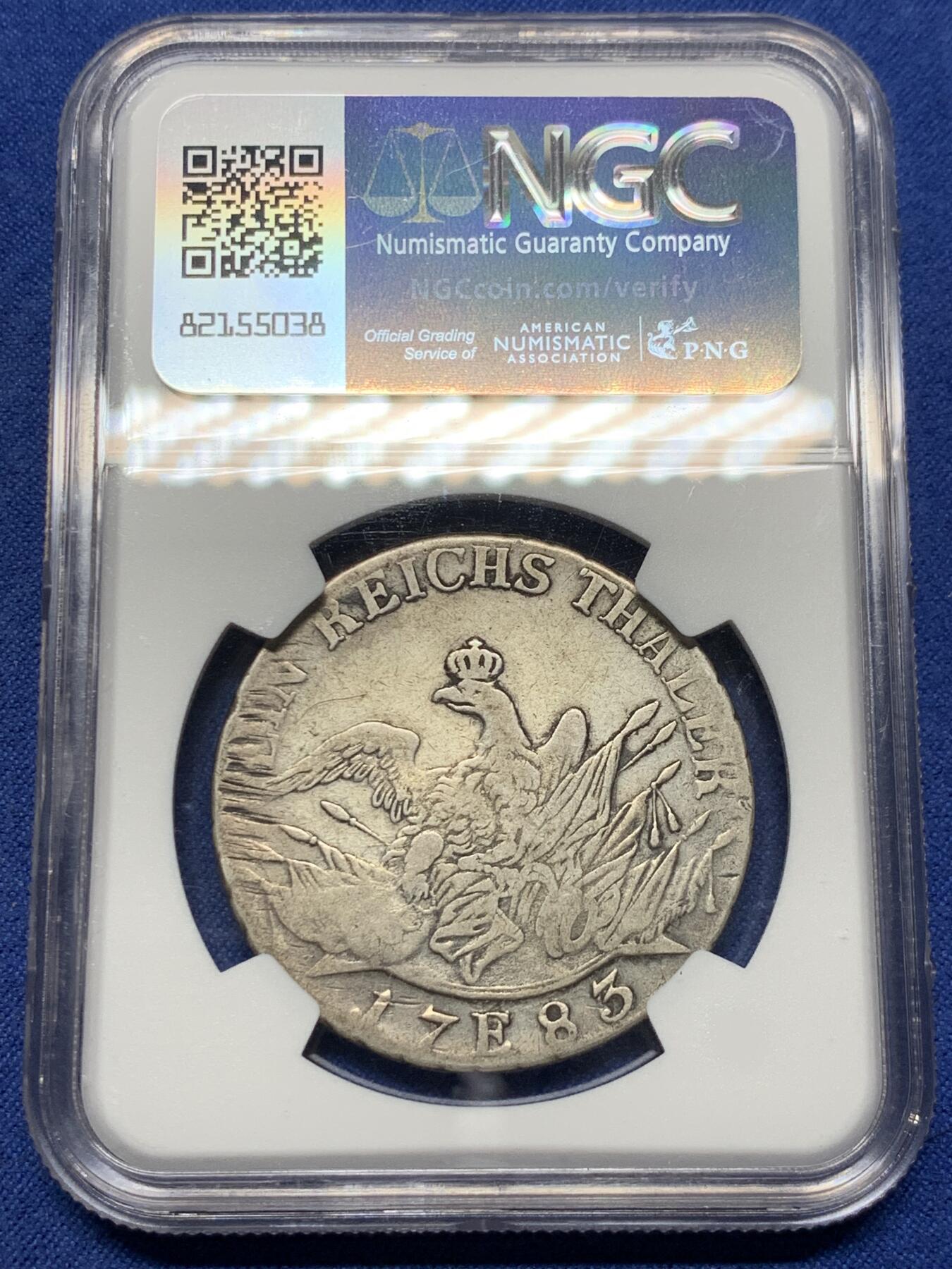《竞宝斋》第433场 周日，周一 2场连拍 （全场包邮） NGC VF20 德国普鲁士1783年E版鹰炮1泰勒银币 柯尼斯堡厂出品 稀见版别 冠军分 目前为NGC公司唯一评级记录