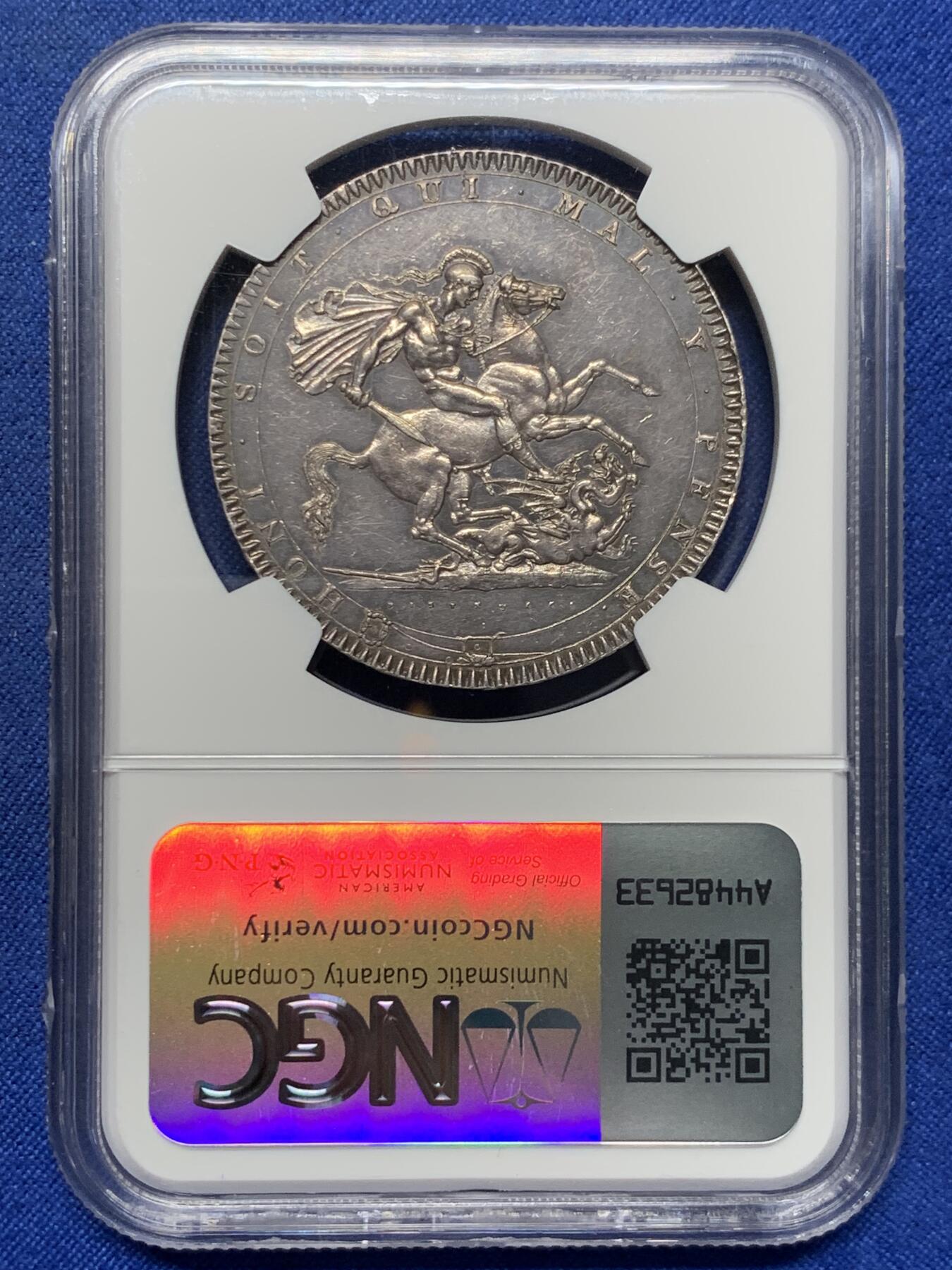 《竞宝斋》第433场 周日，周一 2场连拍 （全场包邮） NGC MS61 英国 1818年 乔治三世 1克朗马剑大银币