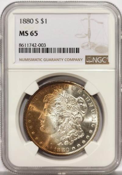 博洋堂世界钱币拍卖第144期（全场包邮） - NGC MS65 美国1880年S版摩根$1银币 人面大月牙彩 丝滑银光 细节锐利