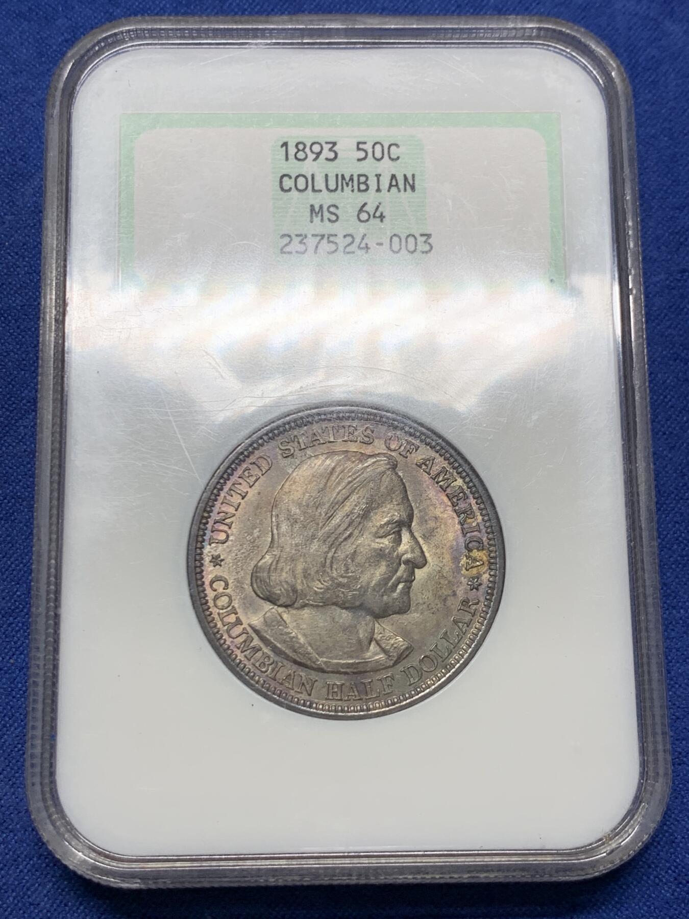 《竞宝斋》第433场 周日，周一 2场连拍 （全场包邮） NGC MS64 美国1893年哥伦布发现新大陆50分纪念银币 美币经典品种 两面玫瑰红彩 背面彩形成趣味币：帆船在暴风雨中乘风破浪