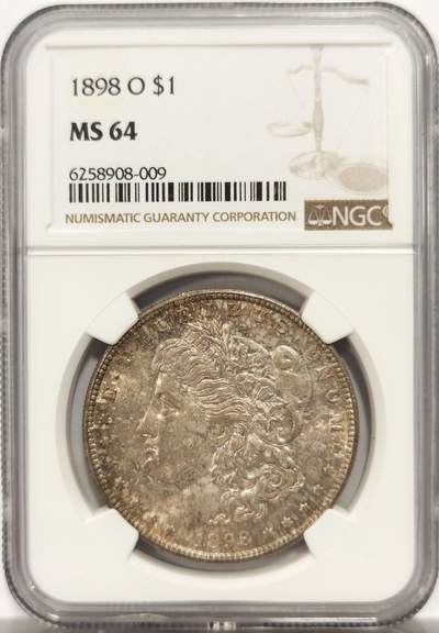 博洋堂世界钱币拍卖第144期（全场包邮） - NGC MS64 美国1898年摩根银币O厂 女神面发财金，背面干净清爽，半边月牙彩