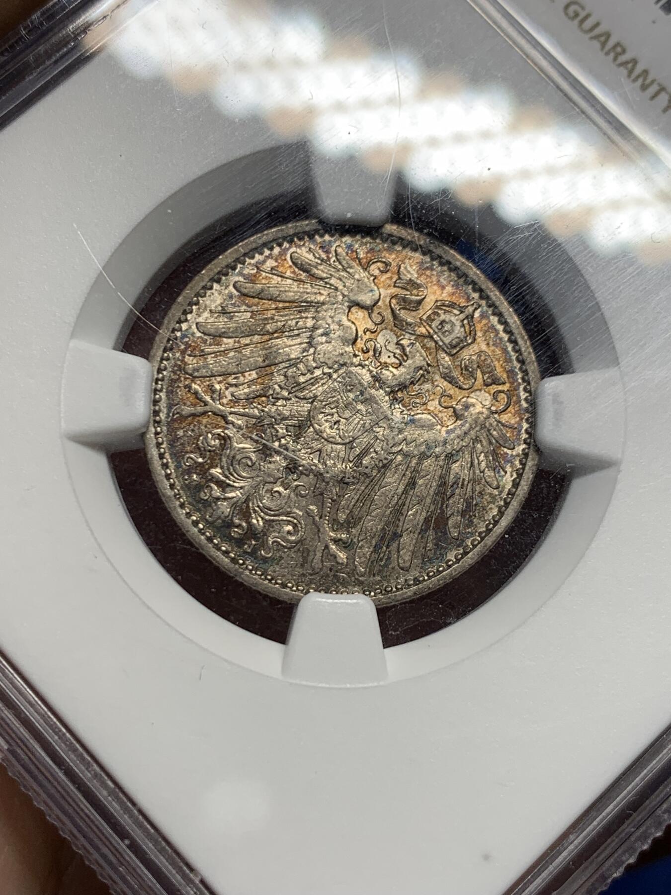 《竞宝斋》第433场 周日，周一 2场连拍 （全场包邮） NGC AU55 德国 1910年J厂 1马克银币 深彩包浆