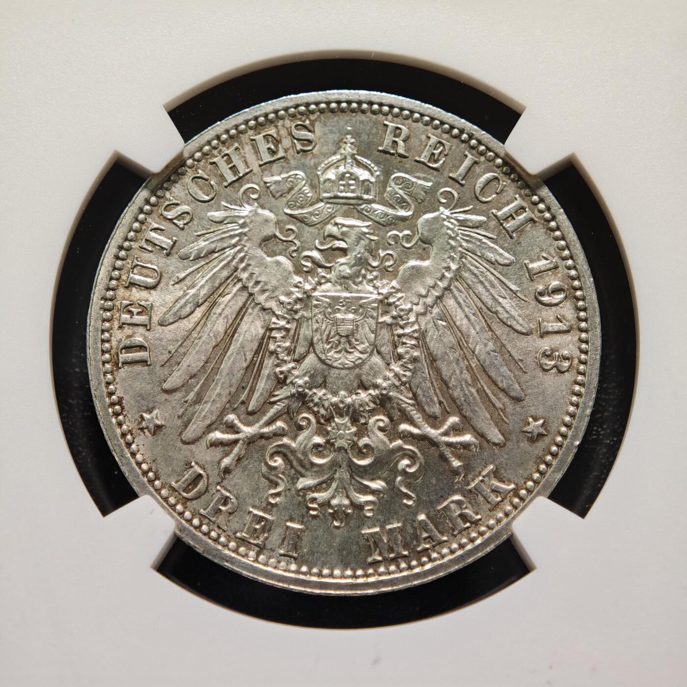 【德藏】世界币章拍卖第151期（拍品征集中~欢迎藏友联系） 1913年 德国萨克森建功碑3马克银币 NGC UNC 状态安逸 NGC严评