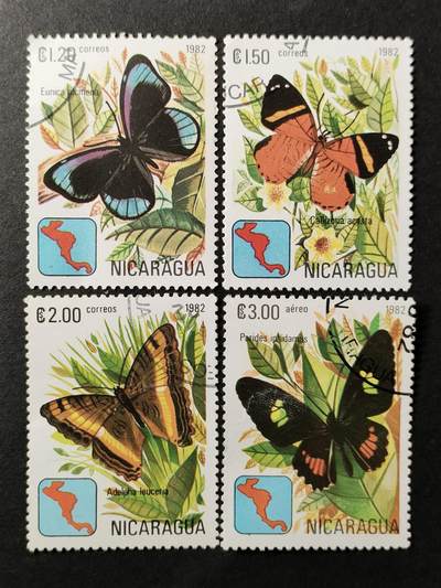 嘉禾收藏    【第361期】            无佣金、可寄存、满30元包邮 - 尼加拉瓜邮票，1982年美洲蝴蝶分布与地图邮票