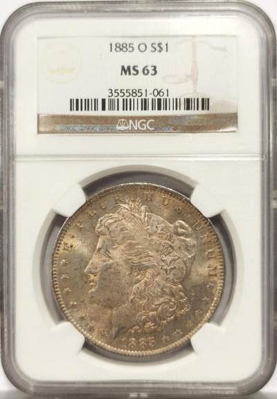 博洋堂世界钱币拍卖第144期（全场包邮） - NGC MS63 美国1885年摩根银币O厂 女神面金彩满彩，背面金彩，另有蓝红大月牙，收藏级摩根彩