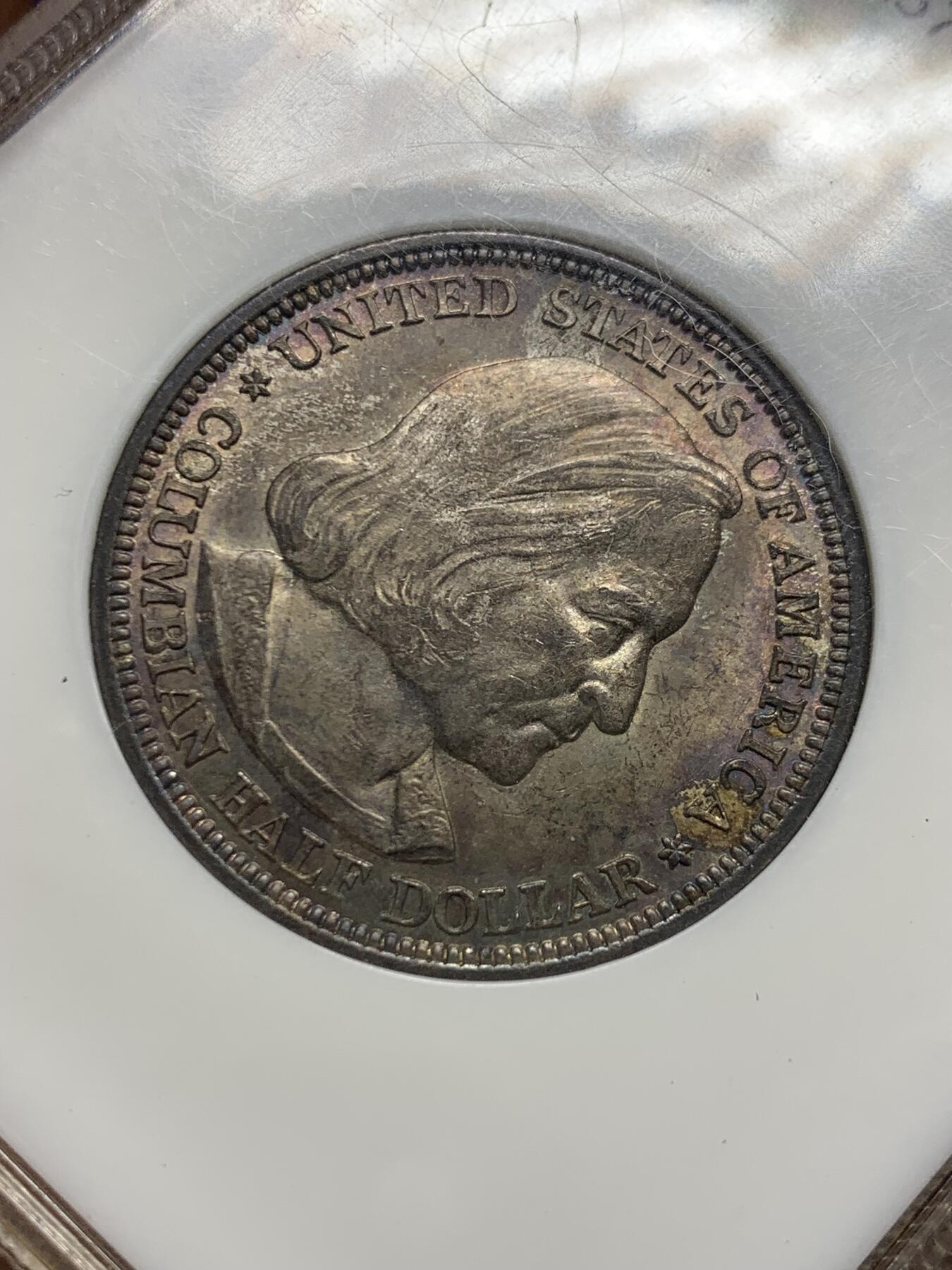 《竞宝斋》第433场 周日，周一 2场连拍 （全场包邮） NGC MS64 美国1893年哥伦布发现新大陆50分纪念银币 美币经典品种 两面玫瑰红彩 背面彩形成趣味币：帆船在暴风雨中乘风破浪