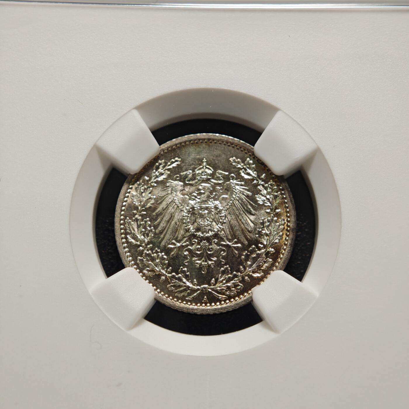 【德藏】世界币章拍卖第151期（拍品征集中~欢迎藏友联系） 1916年 德国1/2马克银币 NGC MS65 淡黄油包浆 