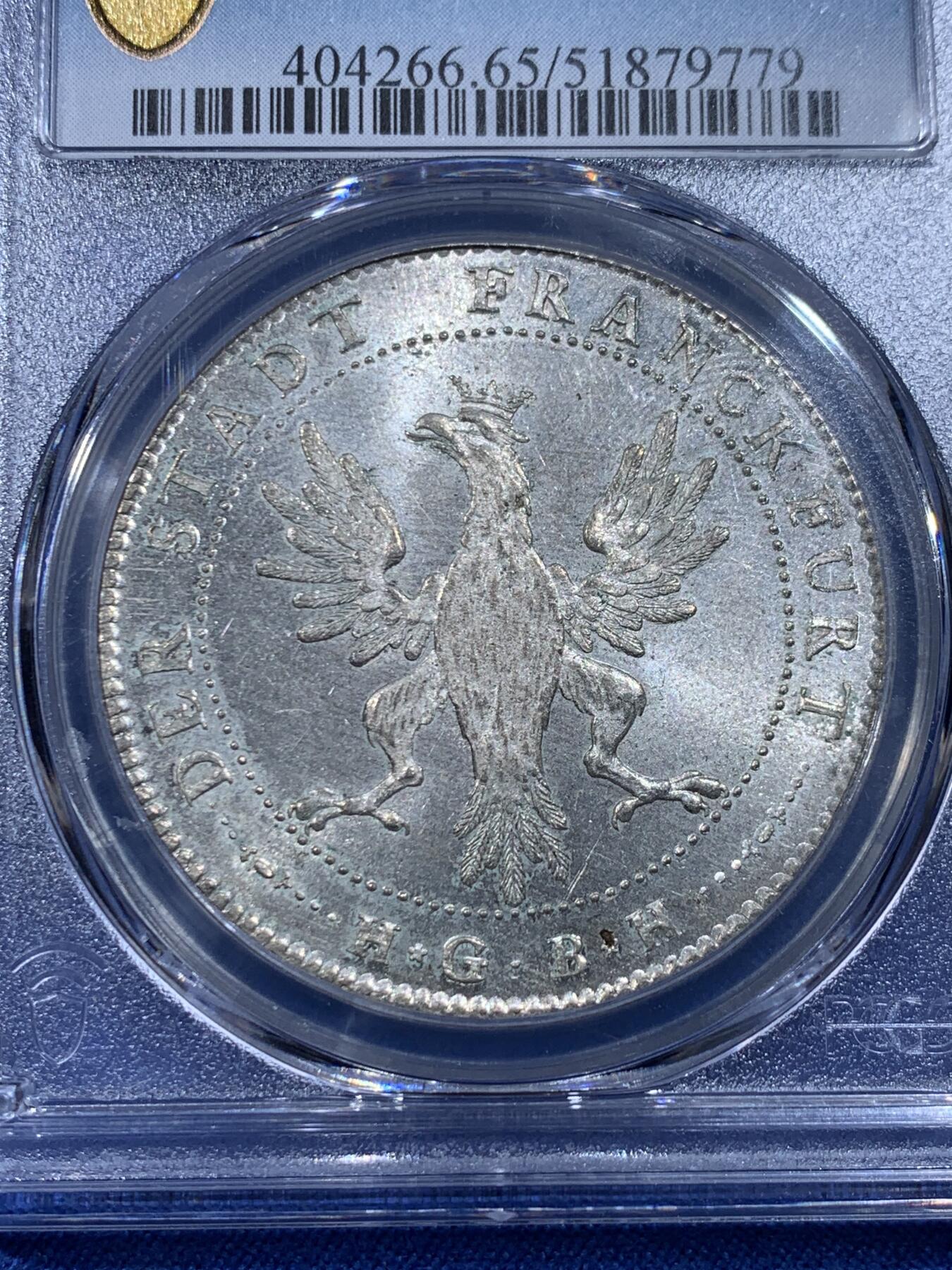 《竞宝斋》第433场 周日，周一 2场连拍 （全场包邮） 冠军分 PCGS MS65 德国 1796 法兰克福 烤鸡泰勒大银币 十字转光 顶级状态 深打凝霜 可遇不可求的状态