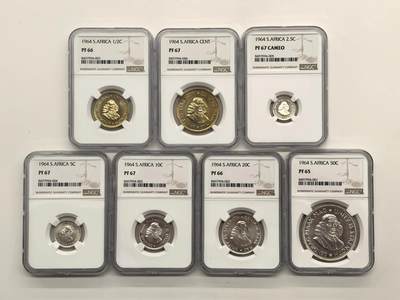 博洋堂世界钱币拍卖第144期（全场包邮） - NGC PF65-67 南非1964年范里贝克50分-1/2分 5银2黄铜 7枚精制套币 高分好品 一套集齐 附带原盒