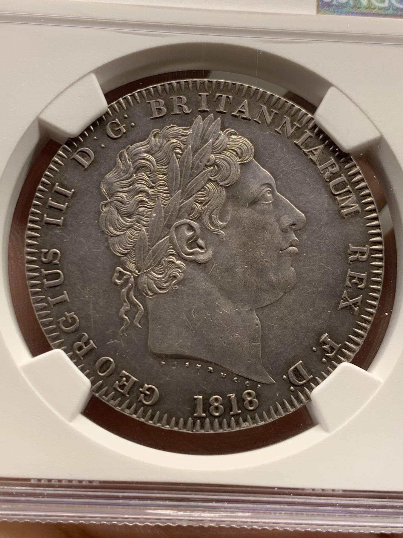 《竞宝斋》第433场 周日，周一 2场连拍 （全场包邮） NGC MS61 英国 1818年 乔治三世 1克朗马剑大银币