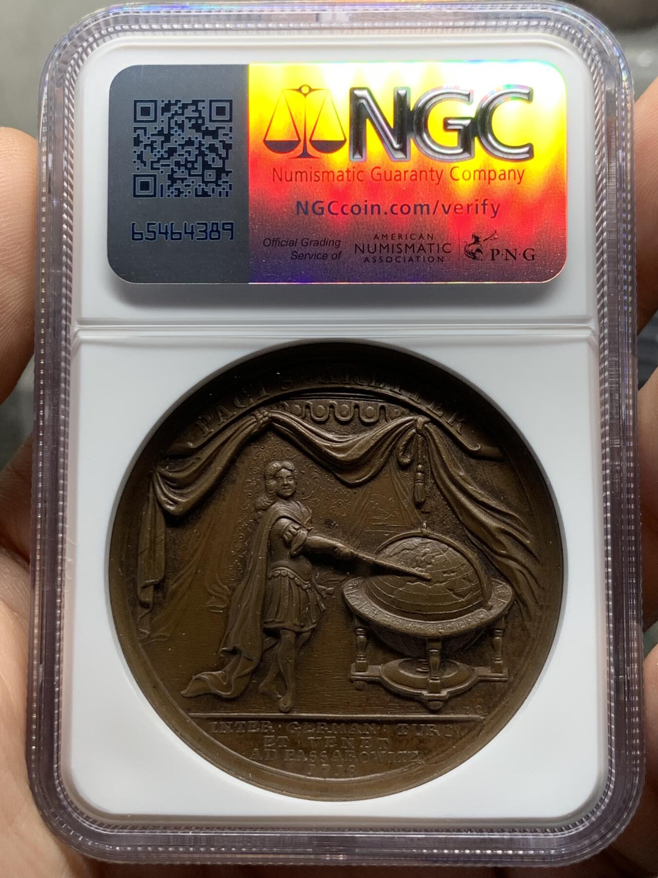 《竞宝斋》第433场 周日，周一 2场连拍 （全场包邮） NGC MS61BN 英国1718年乔治一世帕萨罗维茨条约纪念铜章 加厚盒