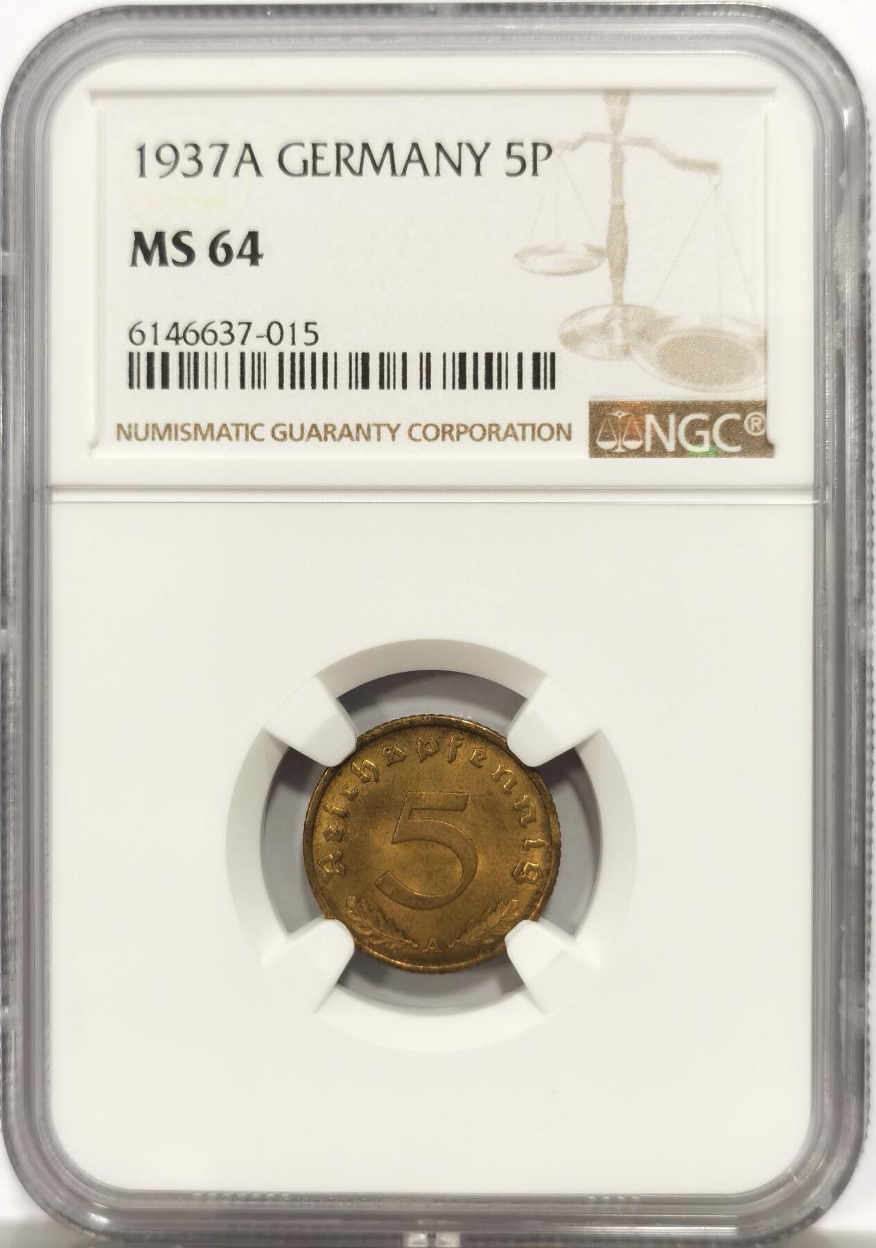 博洋堂世界钱币拍卖第144期（全场包邮） NGC MS64 德国1937年5芬尼，高分少见的元首时代流通币！