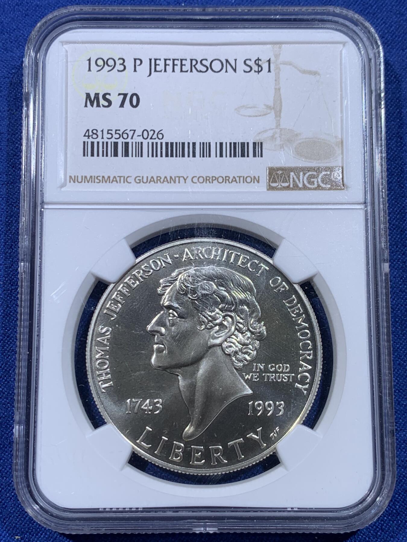 《竞宝斋》第433场 周日，周一 2场连拍 （全场包邮） NGC MS70 美国1993年托马斯*杰斐逊银币 克劳斯获奖币 美国开国三杰 满分难得