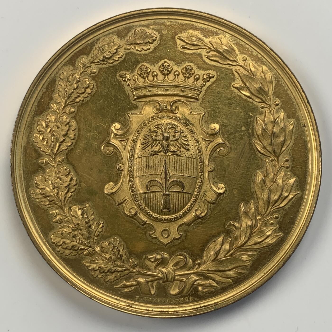掌中浮雕-藏着的欧洲第039场 1882年奥地利工业与农业展览会镀金铜章 ， 61mm ，74.9g，雕刻大师安东.沙夫（A.Scharff）作品