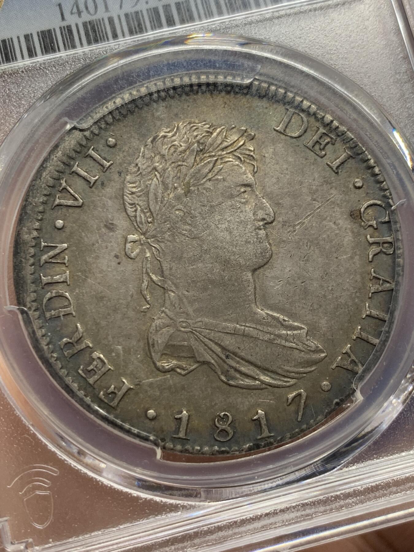 《竞宝斋》第433场 周日，周一 2场连拍 （全场包邮） PCGS XF45 西属墨西哥1817年斐迪南七世双柱银币，超过200年原味传世包浆