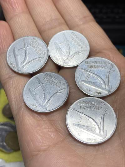 2025年第一百一十八场(总第一百四十四场）外国好品散币(免佣金) - 意大利🇮🇹10里拉5枚：1951年52年55年75年