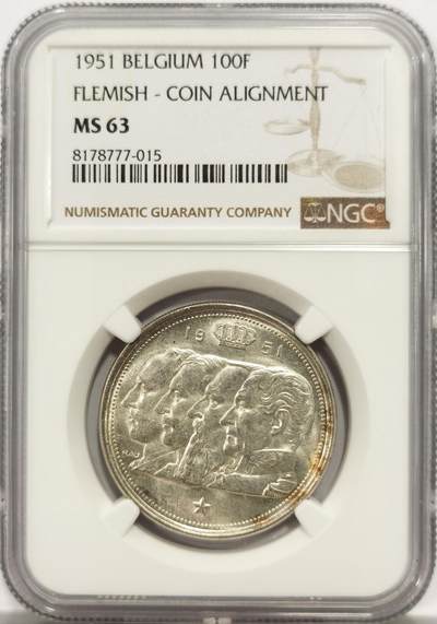 博洋堂世界钱币拍卖第144期（全场包邮） - NGC MS63 比利时1951年100法郎纪念四巨头银币！银价上涨老精稀也越来越贵了！